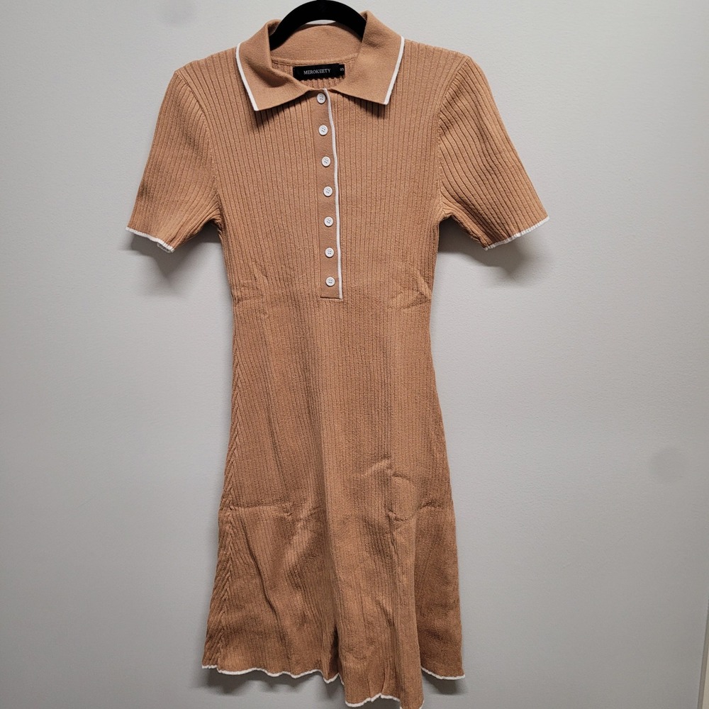 MEROKEETY Tan Ribbed Knit Polo Dress Short Sleeve Contrast Trim Mini Small